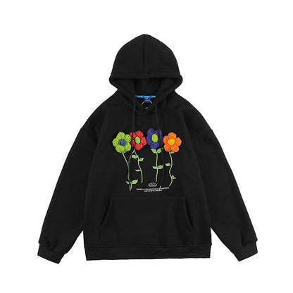 S.M. Small Flowers  Embroidery Hooded Long-sleeved Tops Men