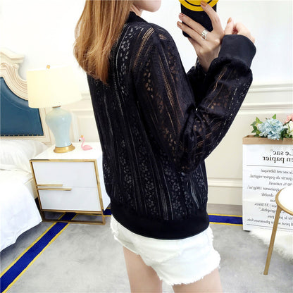 New Summer Long Sleeve Lace Shirt Beach Sunscreen Women"s Solid