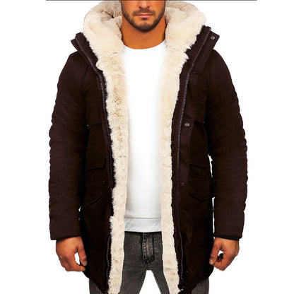 S.M..  Fur Integrated Hooded Jacket Thick Warm Jacket Faux Fur Cotton-padded Coat