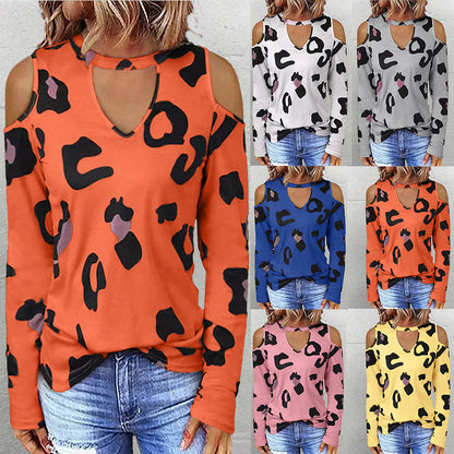 Women's Fashion Casual Printing Off-shoulder Loose Long-sleeved T-shirt S.W.