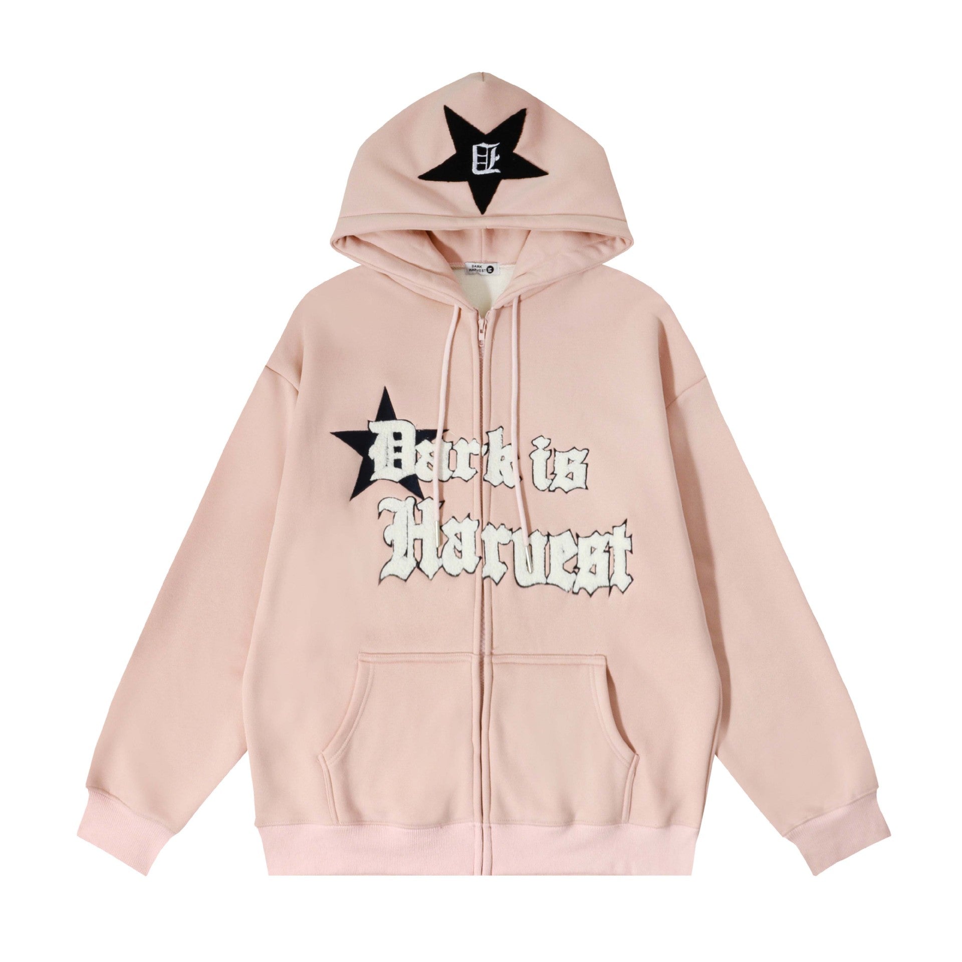 a pink hoodie with a black star on it