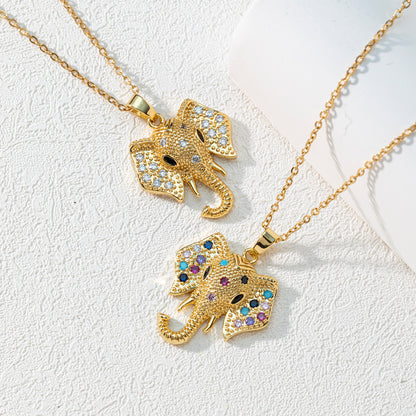 Bronze Plated Real Gold Mixed Color Zircon Elephant Pendant Necklace