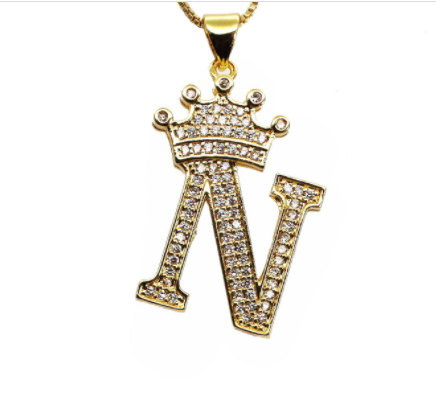 F.J.C. Crown Letter Pendants inlayed with Zirconia with necklace