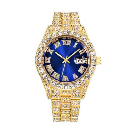 Hot Men's Steel Belt Hip Hop Roman Scale Diamond Quartz Watch