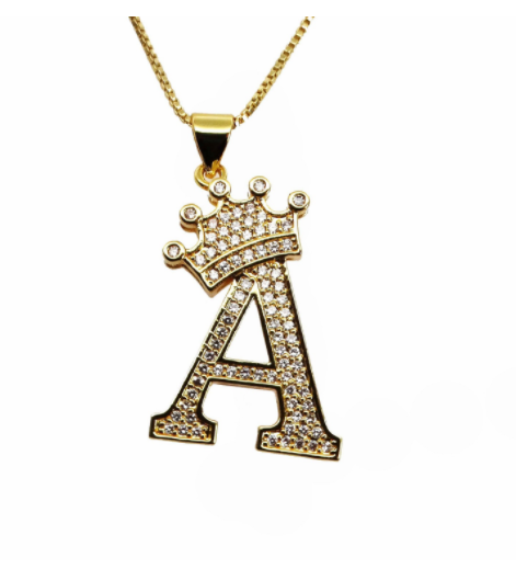 F.J.C. Crown Letter Pendants inlayed with Zirconia with necklace