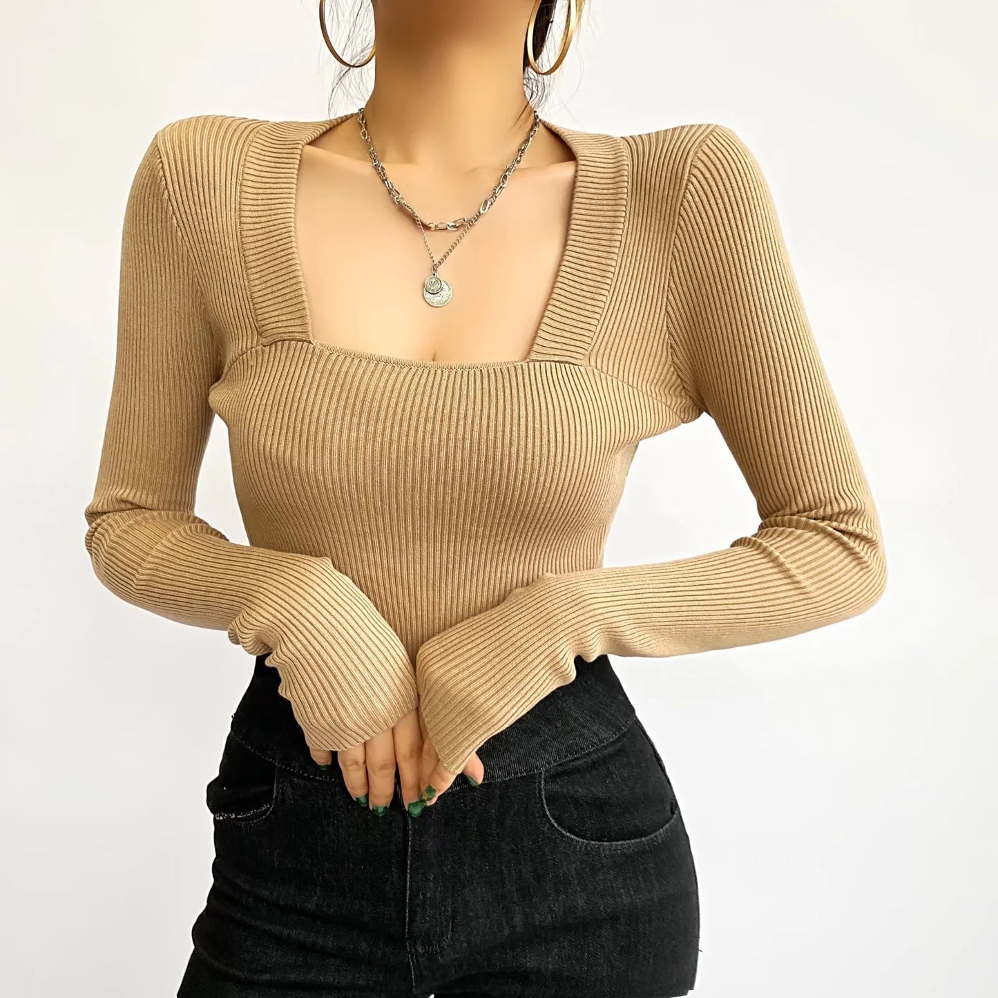 Sexy Style Wide-brimmed Small Square Neck Knitted Jumpsuit