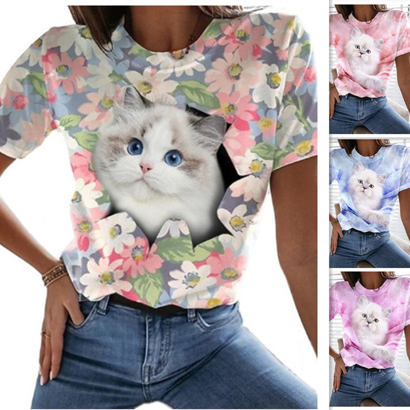 Independent Station Wish AliExpress Leisure Animal Digital Printing Short Sleeve Round Neck