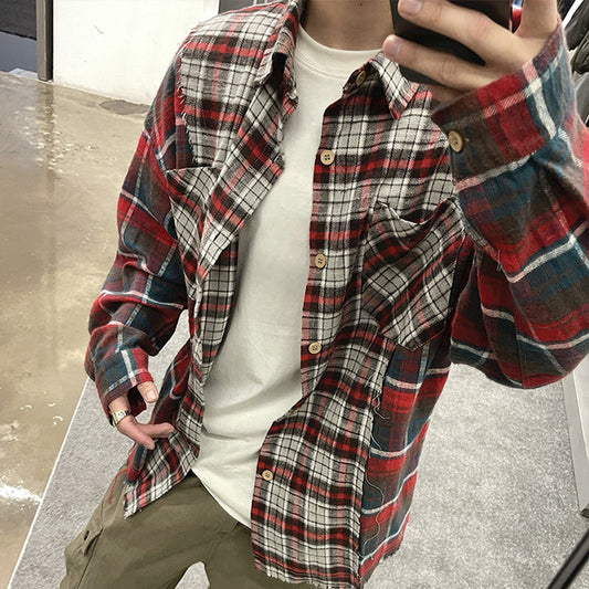 S.M. Men's Patchwork Red Plaid Shirt