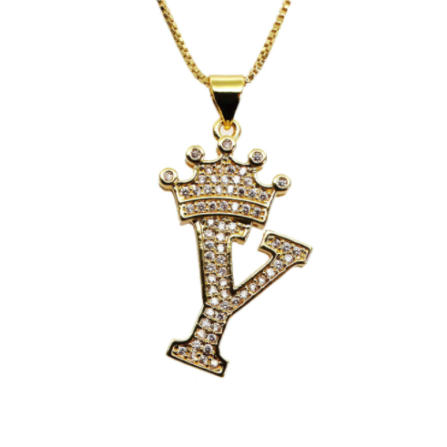 F.J.C. Crown Letter Pendants inlayed with Zirconia with necklace