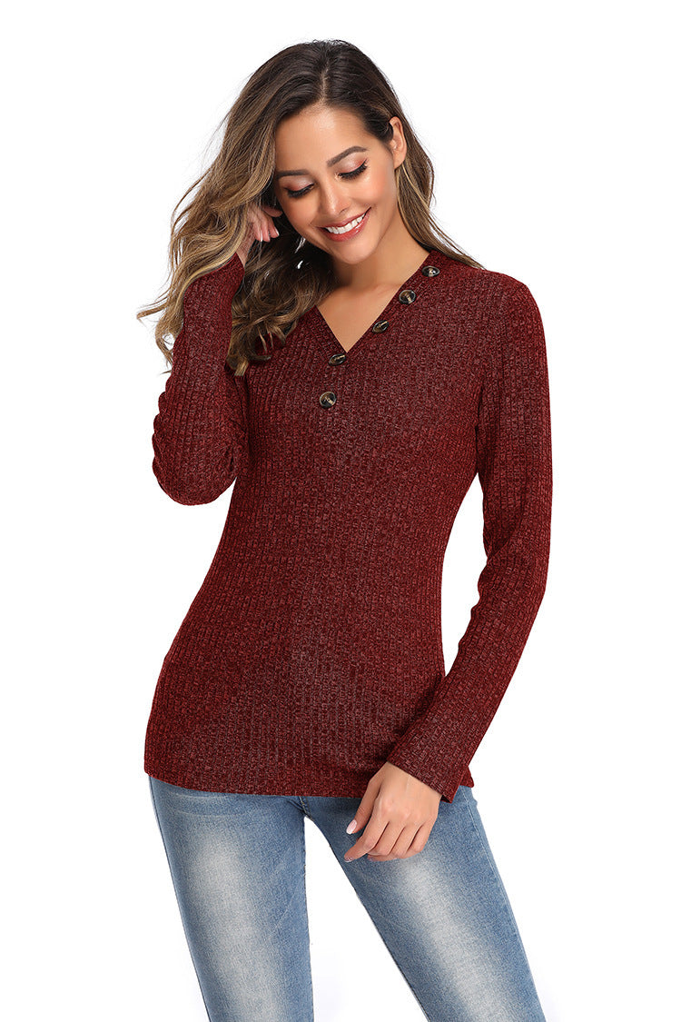 S.W. Women's V-neck Button  Long-sleeved Slim fitting Sweater