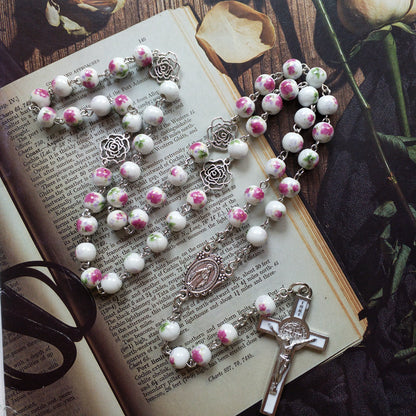 Ceramic Rose Hollow Rosary Beads Drop Oil Cross Pendant Trend Long Bead Chain Men's And Women's Necklaces Wholesale