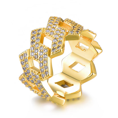 a gold ring with white and yellow diamonds