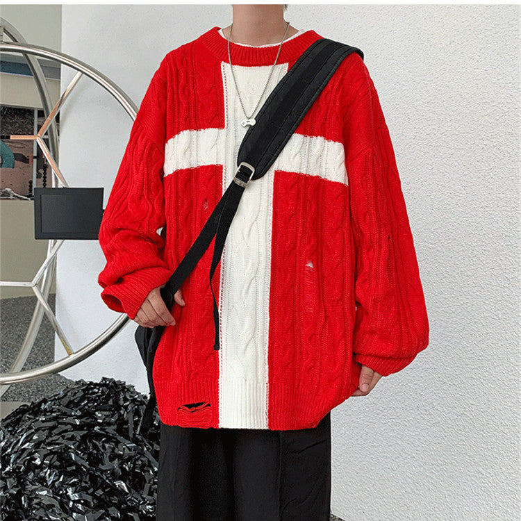 Vintage Trend Loose Knit Coat Hole Cross Sweater Men