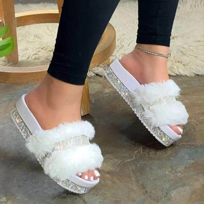 Women Bling Fluffy Slippers Fur Slides Platform Wedges Heel Solid