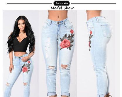 Women's Fashion Holed Embroidered High-elastic Jeans Women's Trousers