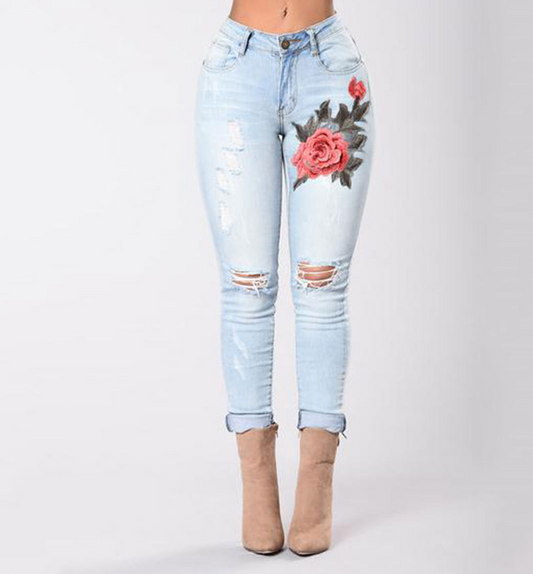 Women's Fashion Holed Embroidered High-elastic Jeans Women's Trousers