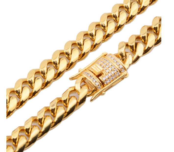 a gold chain with a diamond clasp