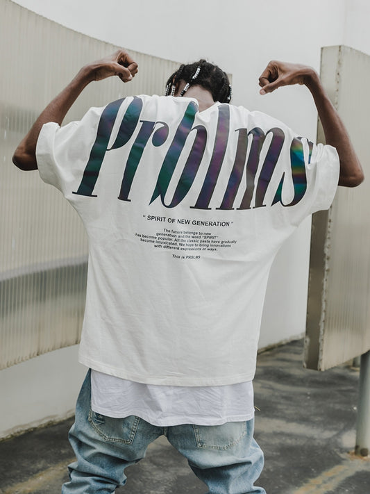 S.M. Reflective Printed T-shirt Loose Hip Hop Retro Couple Short Sleeve