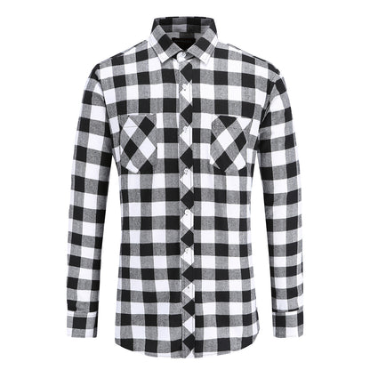 S.M.  Flannel Double Pocket Men's Plaid Brushed Long Sleeved Shirt