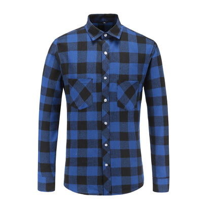 S.M.  Flannel Double Pocket Men's Plaid Brushed Long Sleeved Shirt