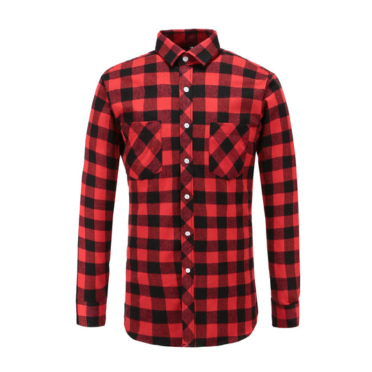 S.M.  Flannel Double Pocket Men's Plaid Brushed Long Sleeved Shirt