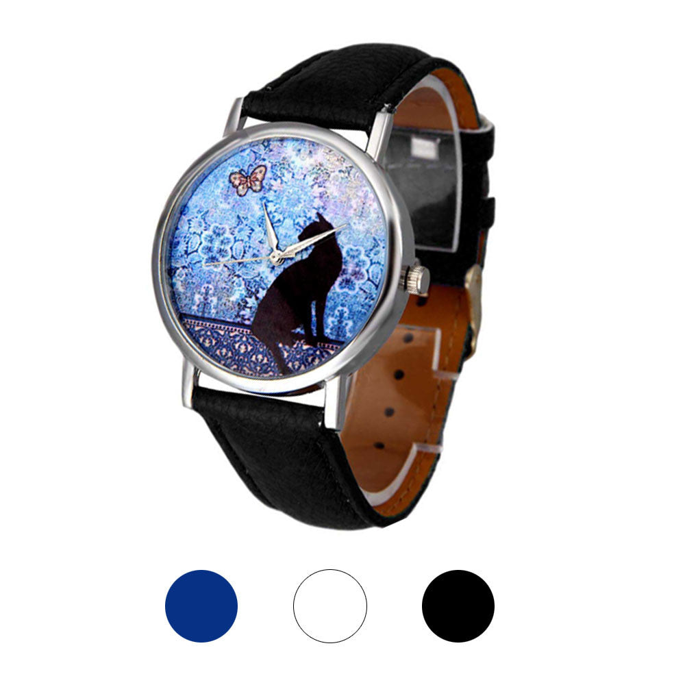 New Cute Small Fresh Cat Pattern Quartz Leather Watch Student Couple Watch