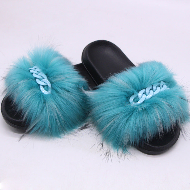 Furry Fur Slippers Fluffy Flip Flops Women Summer Faux Fox Sandals Designer Chain Plush Raccoon Fur Slides Beach Home Flat Shoes