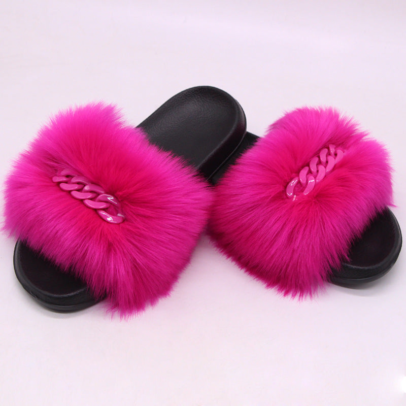 Furry Fur Slippers Fluffy Flip Flops Women Summer Faux Fox Sandals Designer Chain Plush Raccoon Fur Slides Beach Home Flat Shoes