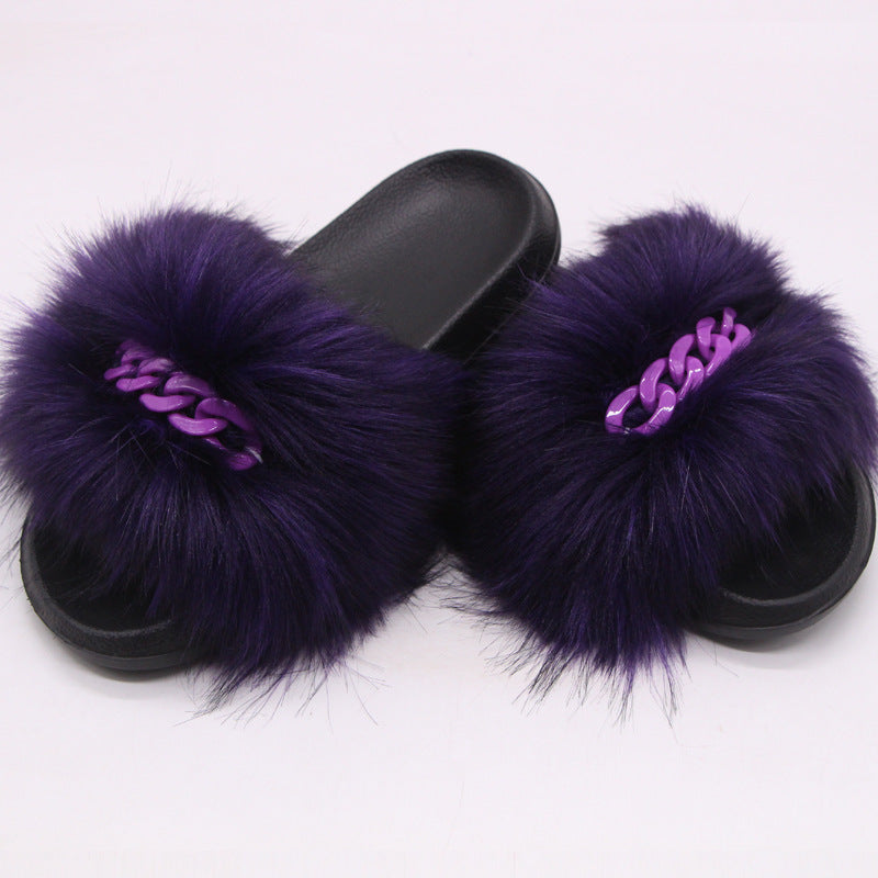 Furry Fur Slippers Fluffy Flip Flops Women Summer Faux Fox Sandals Designer Chain Plush Raccoon Fur Slides Beach Home Flat Shoes