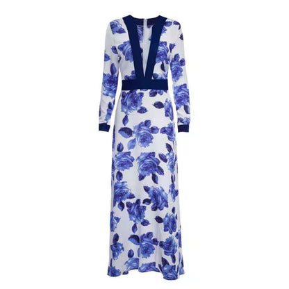 S.W. Women's beautiful Blue floral design deep cut Long dress