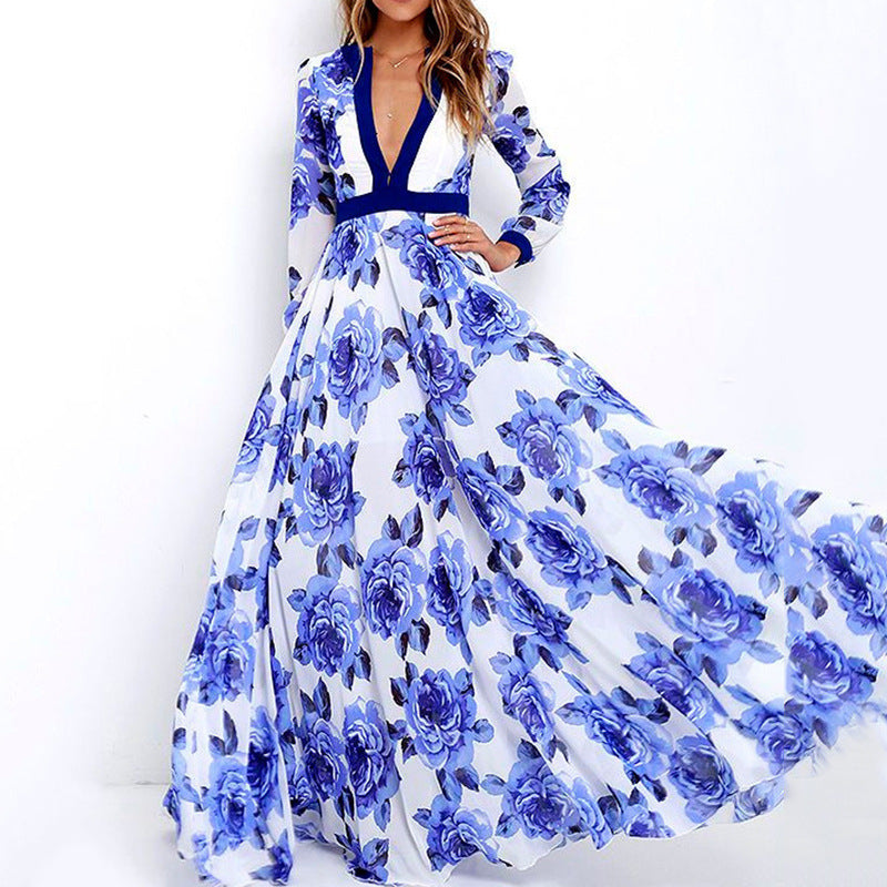 S.W. Women's beautiful Blue floral design deep cut Long dress