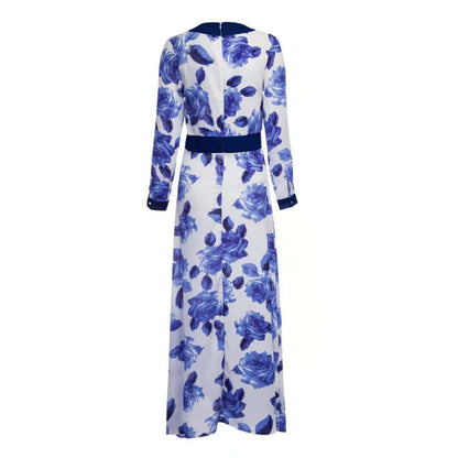 S.W. Women's beautiful Blue floral design deep cut Long dress