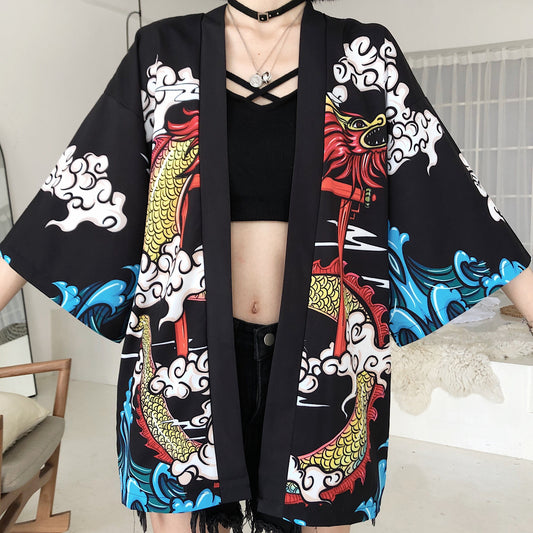 Yukatax Haori Fashion Anime Dragon Print Japanese Kimono Cardigan Summer Women Belt Costume Clothing Black Jacket Shirt Cosplay