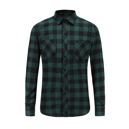 S.M.  Flannel Double Pocket Men's Plaid Brushed Long Sleeved Shirt