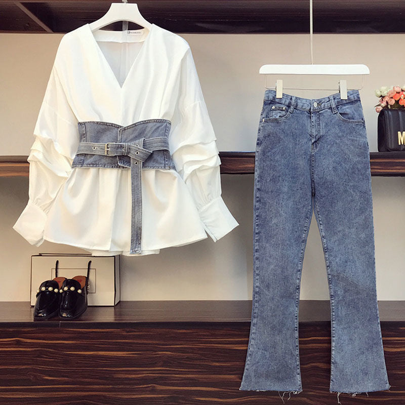 Large Women\'s Dress 200 Jin Fat Sister Spring Suit Femininity Waist Shirt High Waist Jeans Two Piece Set