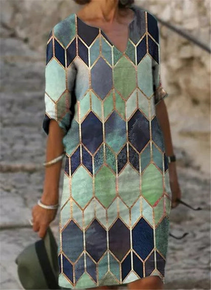 S.W. Women's geometric pattern V-Neck Loose fit Swing Dress