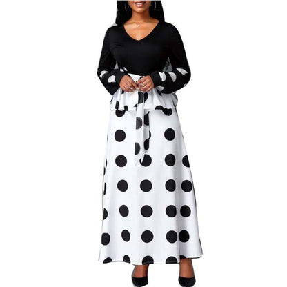 European And American New Cross Border Women\'S Clothing Source Mesh Stitching High Waist Dot Printing Long Dress