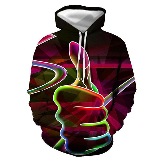 a colorful hoodie with a hand holding a knife