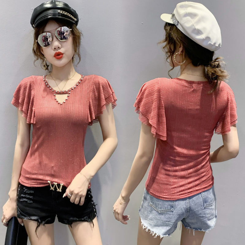 New Fashion Short Sleeve T-Shirt With Hollow And Diamond Mesh And Women"s Flying Sleeve Top