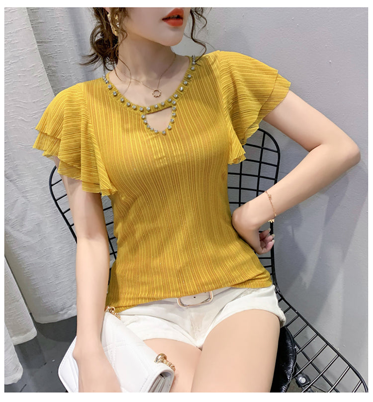 New Fashion Short Sleeve T-Shirt With Hollow And Diamond Mesh And Women"s Flying Sleeve Top