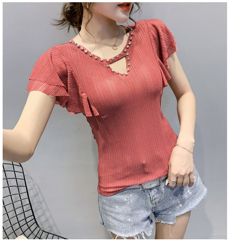 New Fashion Short Sleeve T-Shirt With Hollow And Diamond Mesh And Women"s Flying Sleeve Top