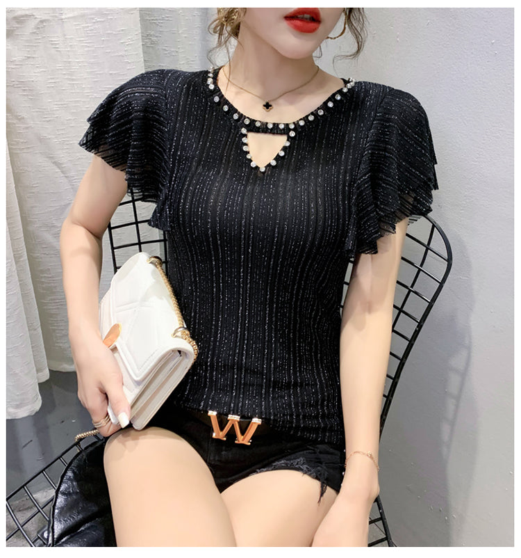 New Fashion Short Sleeve T-Shirt With Hollow And Diamond Mesh And Women"s Flying Sleeve Top