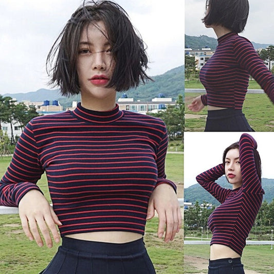 S.W. Classic Stripe Slim Short Bustier Crop Top Turtleneck Long Sleeved T-shirt