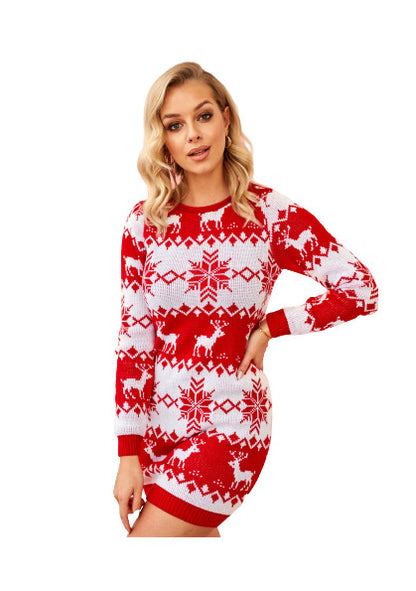 Women's Elk Snowflake Brocade Sweater  Dress S.W.