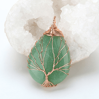 Natural Quartz Opal Stone Pendants Handmade Rose Gold Color Handmade Tree of Life Wrapped Drop Shaped Crystal Pendant Necklace