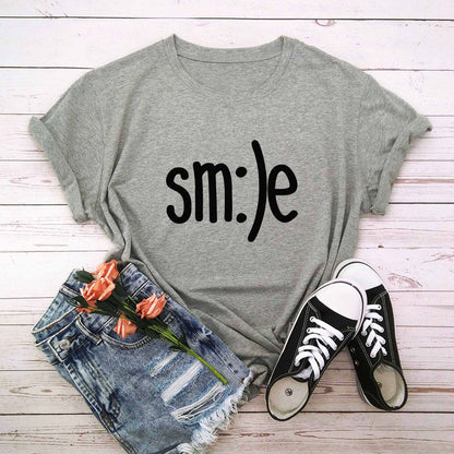 S.W. Women's Smile Letter Printed Shirt O Neck Short Sleeve Tees ( plus size available)