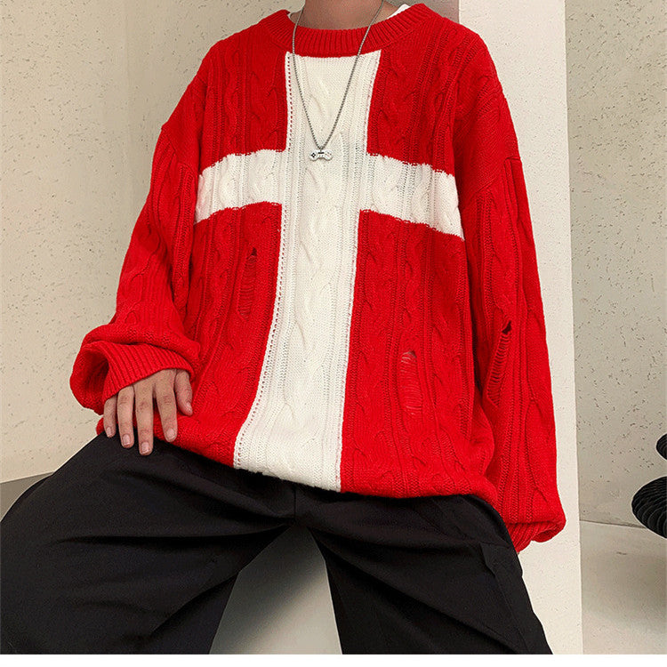 Vintage Trend Loose Knit Coat Hole Cross Sweater Men