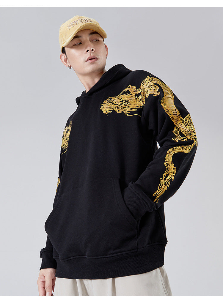 S.M. Retro Over-shoulder Dragon Embroidered Hoodie Boys And Girls Couple's Tops