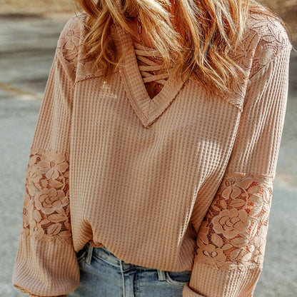 Women's Lace Waffle Long-sleeved Top S.W.