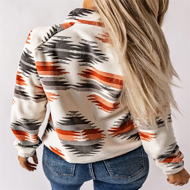 Winter Women's Printed Cardigan Jacket Fashion Color Contrast Fleece Coat